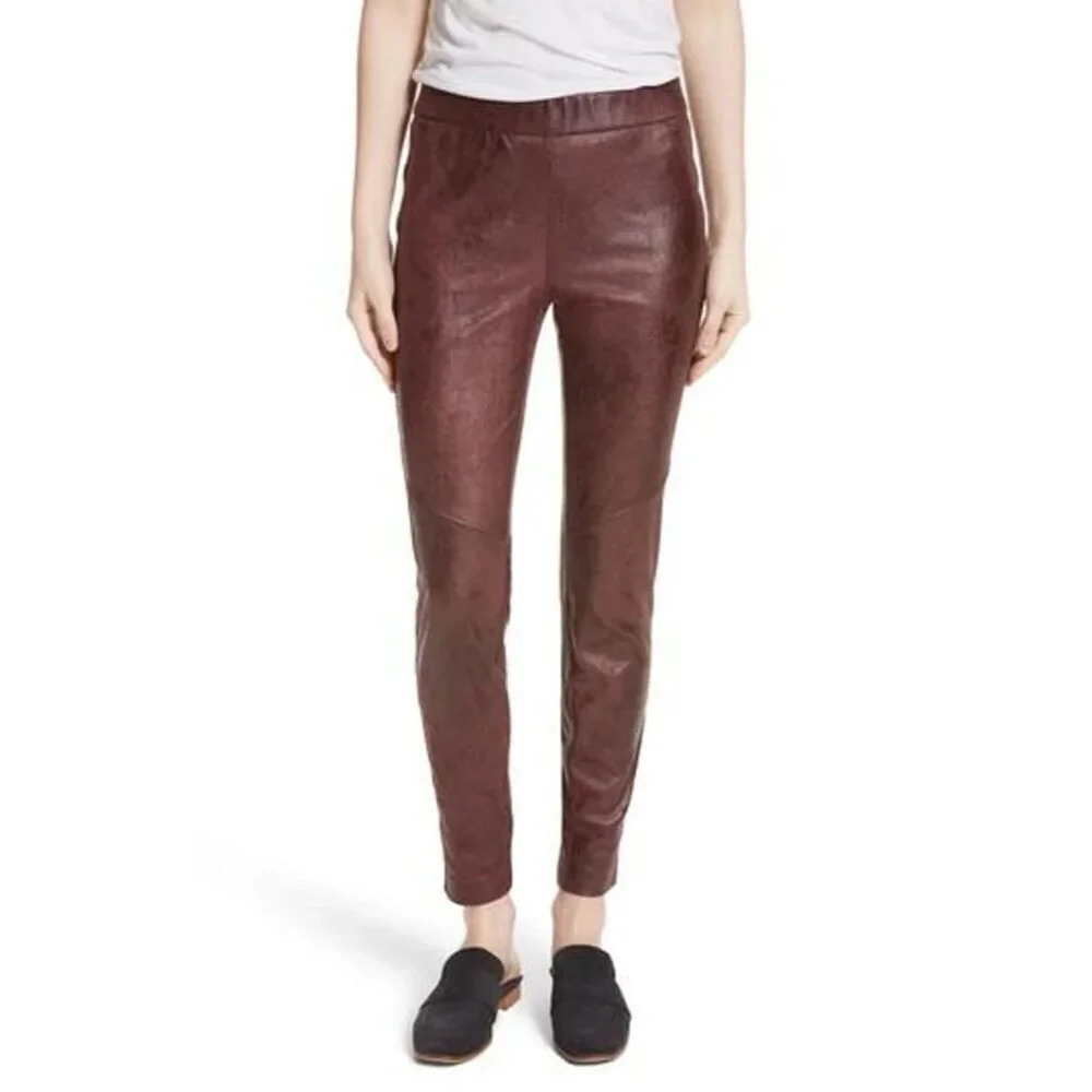 Free People Women's Faux Leather Mid Rise‎ Vegan Leggings In Wine Size 25